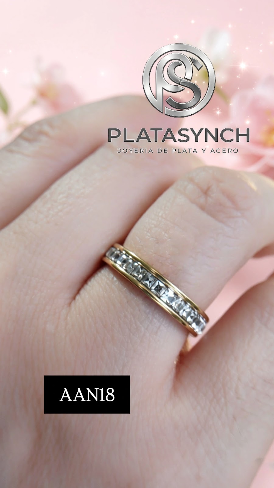 AAN18 - Anillo Acero Dorado circoneas cubicas