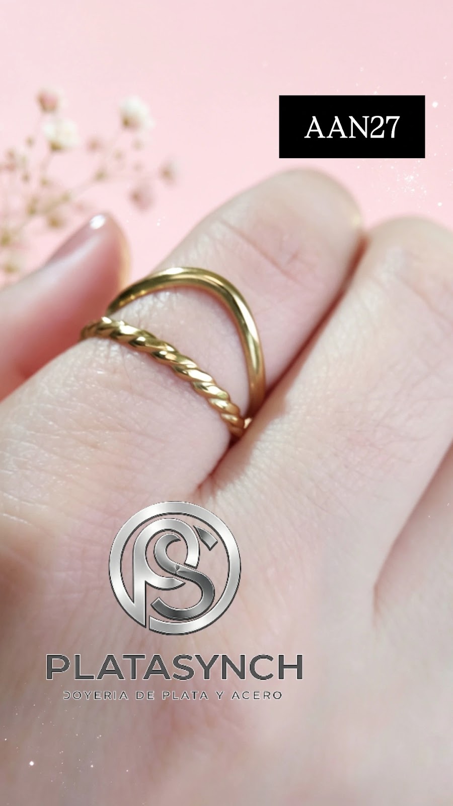 AAN27 - Anillo Acero Dorado, 2 lineas