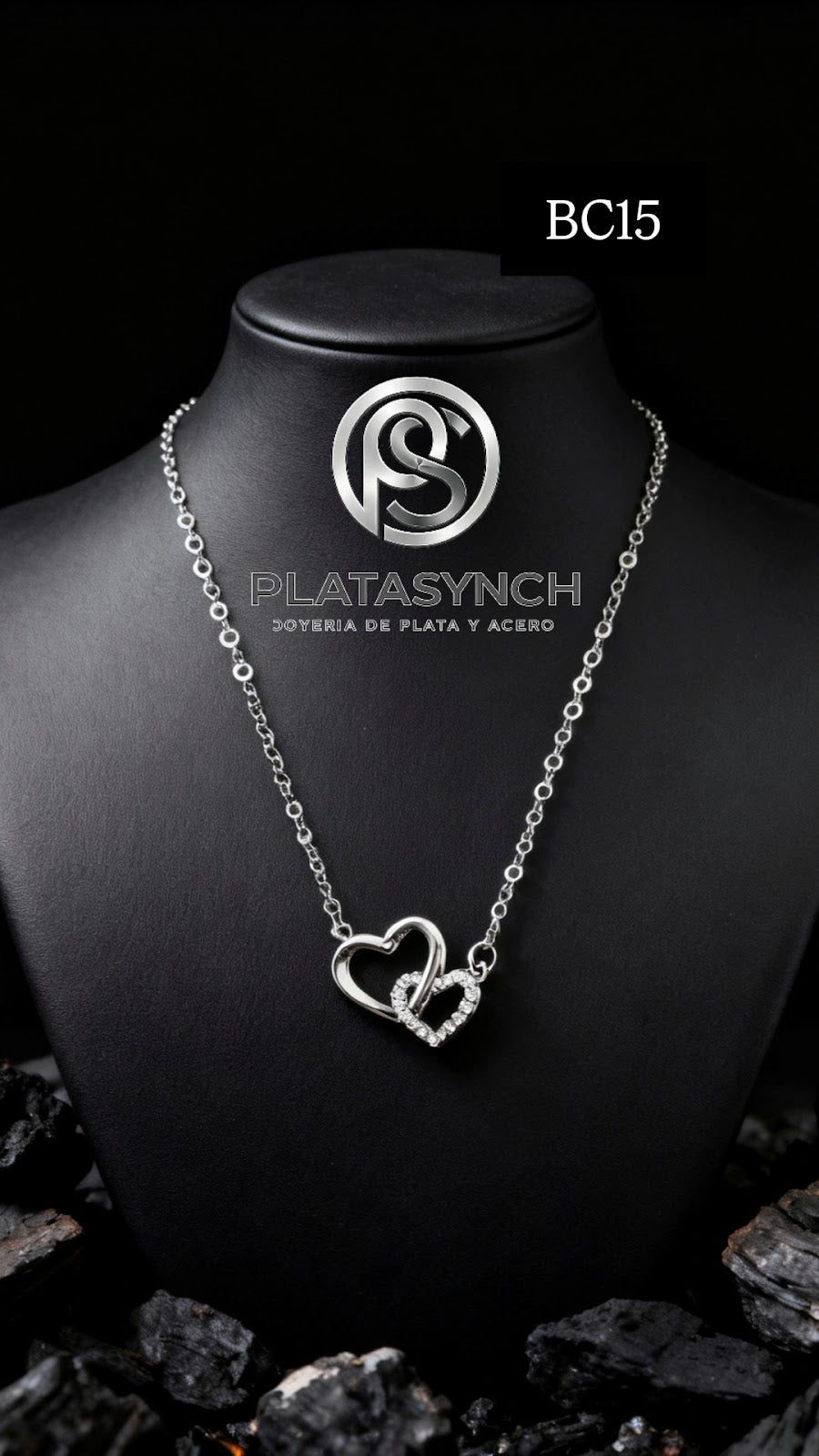 BC15 - Collar brass plateado 2 corazones, pequeno con circoneas