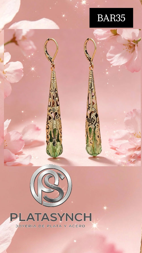 BAR35 - Pendientes largos brass con piedra verde