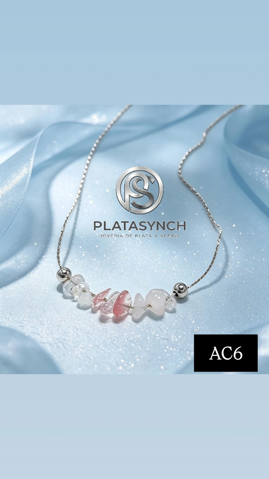 AC6 - Collar Acero Plateado - piedras cuarzo rosa y piedra lunar