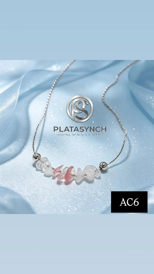 AC6 - Collar Acero Plateado - piedras cuarzo rosa y piedra lunar