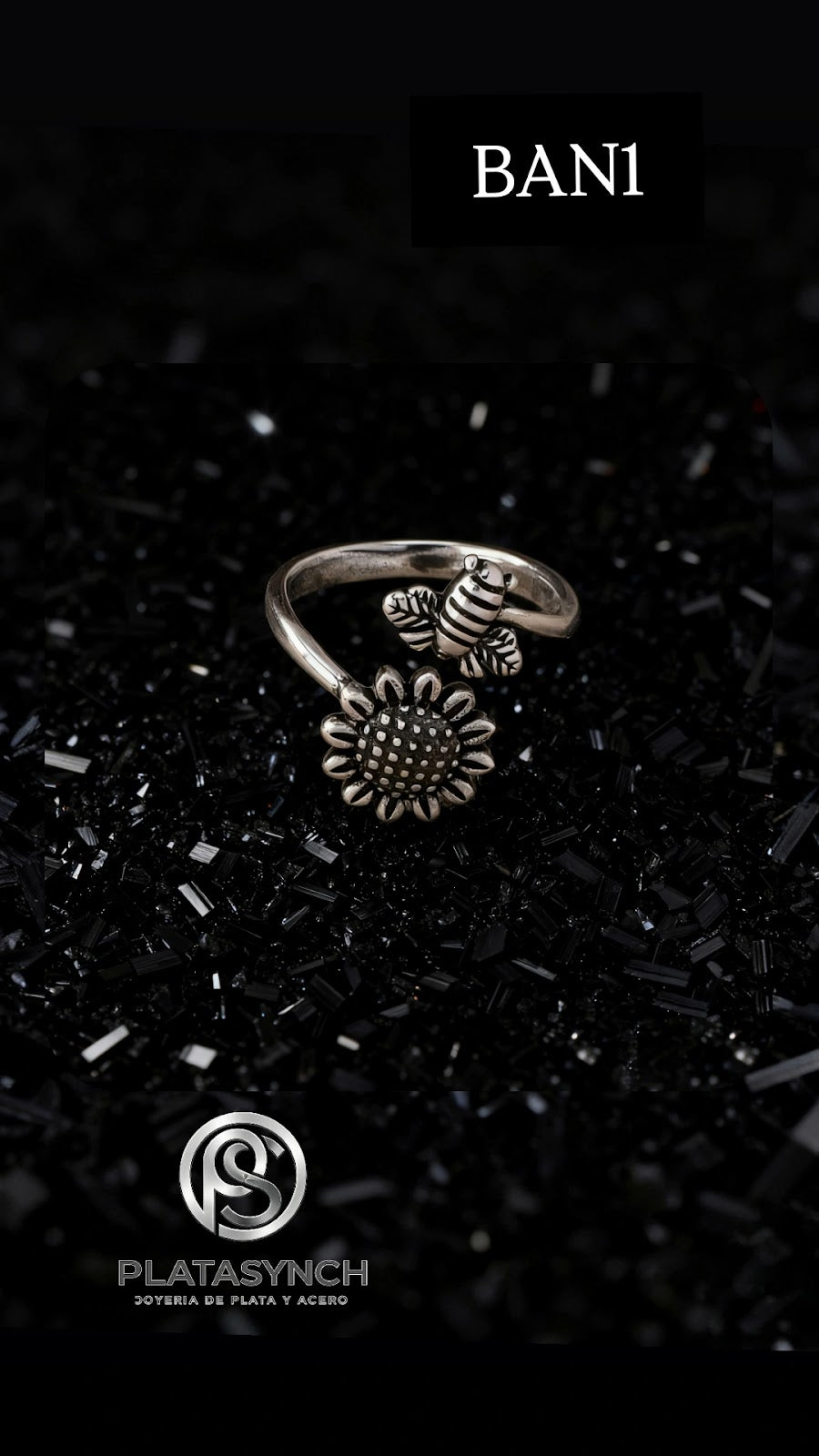 BAN1 - Anillo Brass - Retro plateado Flor y abeja
