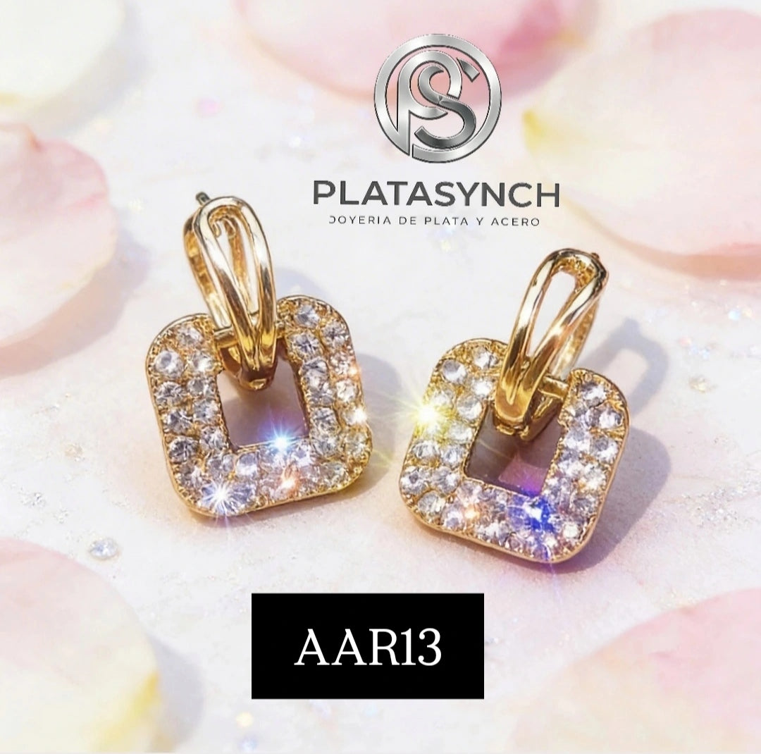 AAR13 - Aretes acero de palito -  cuadrados con zirconeas incrustadas