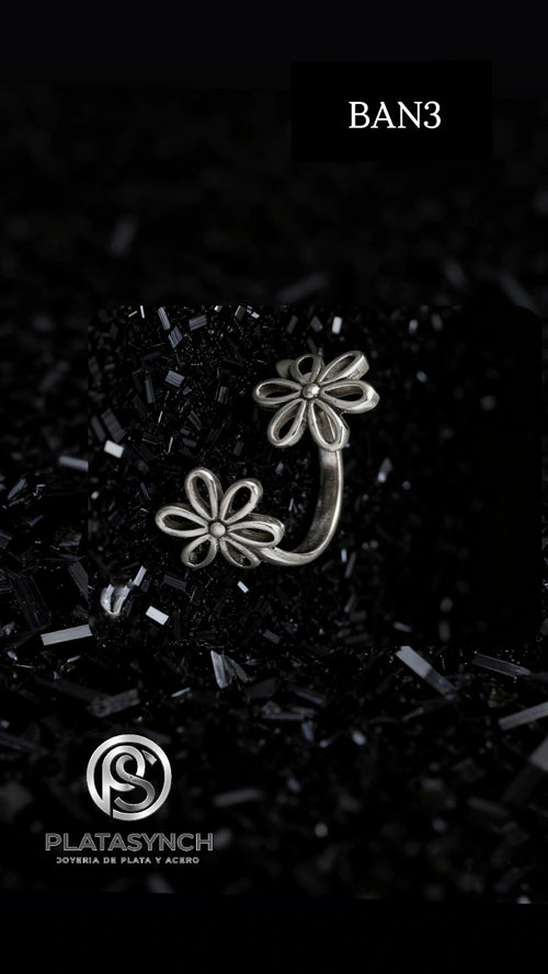 BAN3 - Anillo Brass- Retro plateado 2 flores