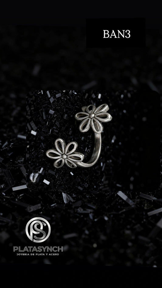 BAN3 - Anillo Brass- Retro plateado 2 flores