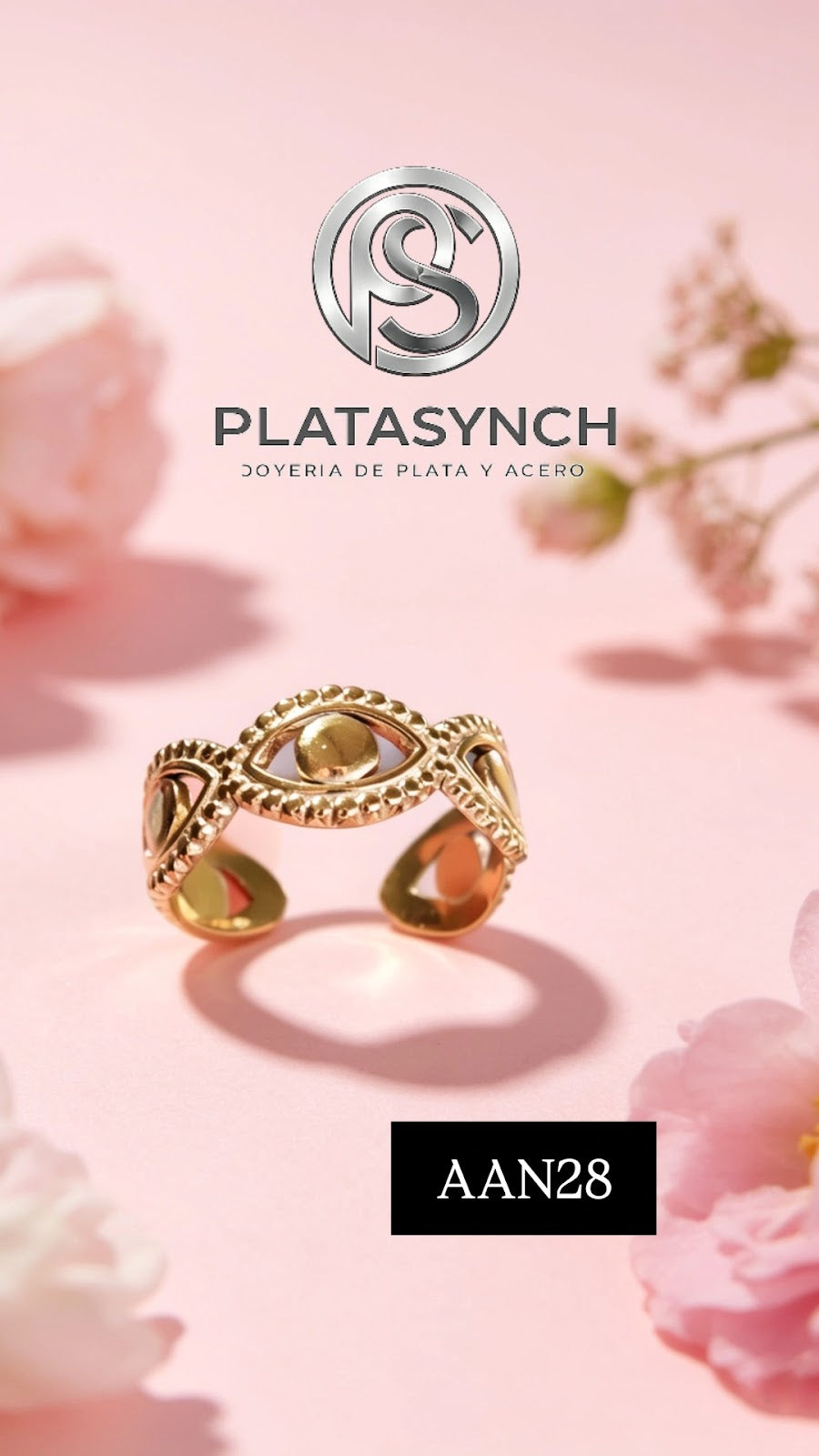 AAN28 - Anillo Acero Dorado. ojo dorado