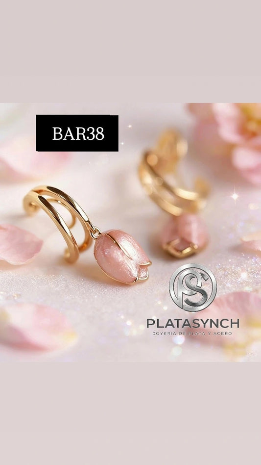 BAR38 - Aretes brass de palito - Tulipan rosa dorado
