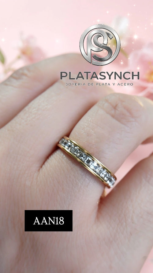 AAN18 - Anillo Acero Dorado circoneas cubicas