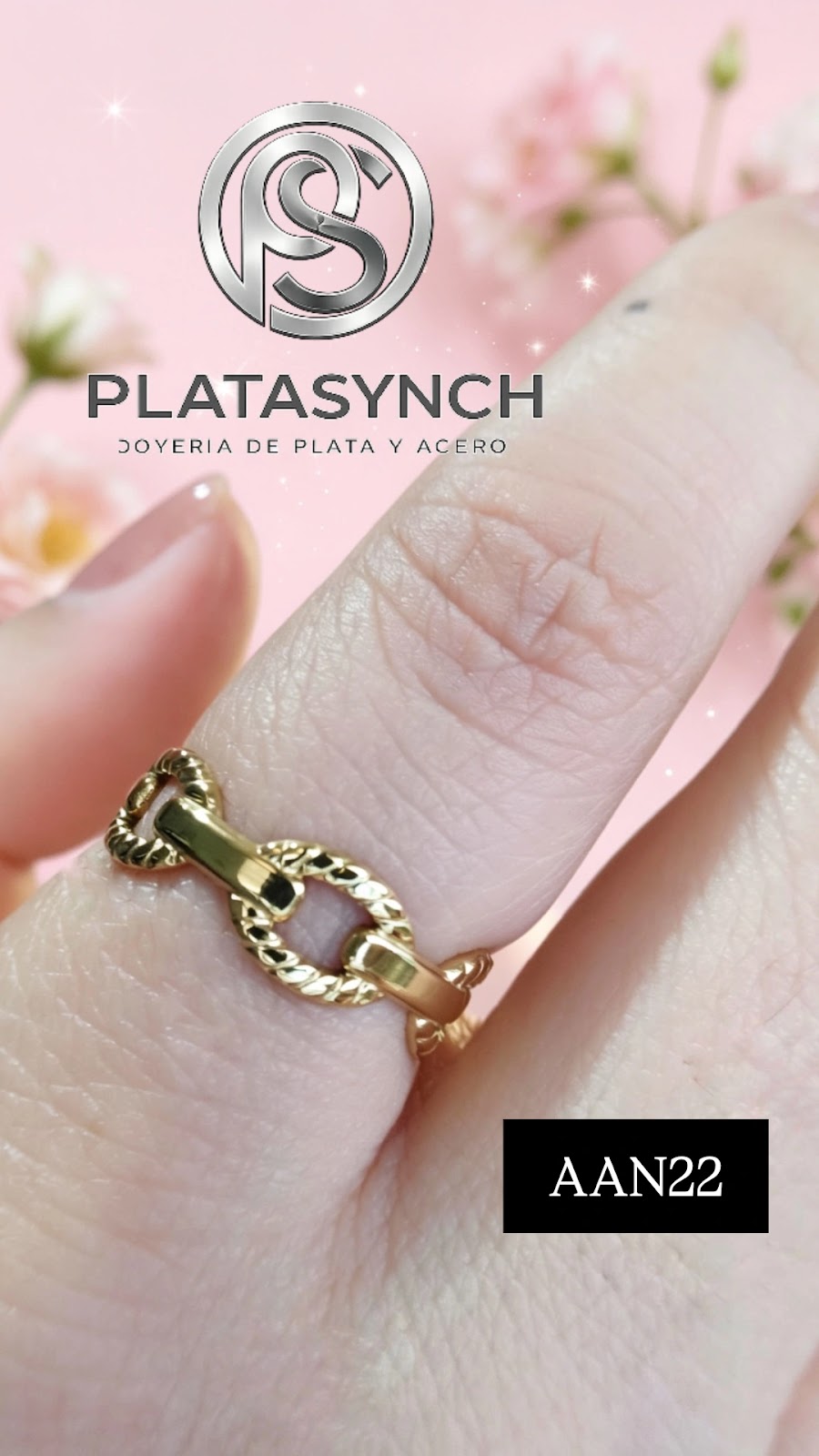 AAN22 - Anillo Acero Dorado,Eslabones cruzados