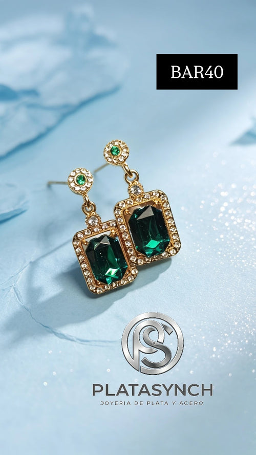 BAR40 - Aretes Brass cuadrado Verde con circoneas de palito