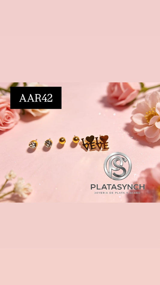 AAR42 - Trio aretes de acero dorado love