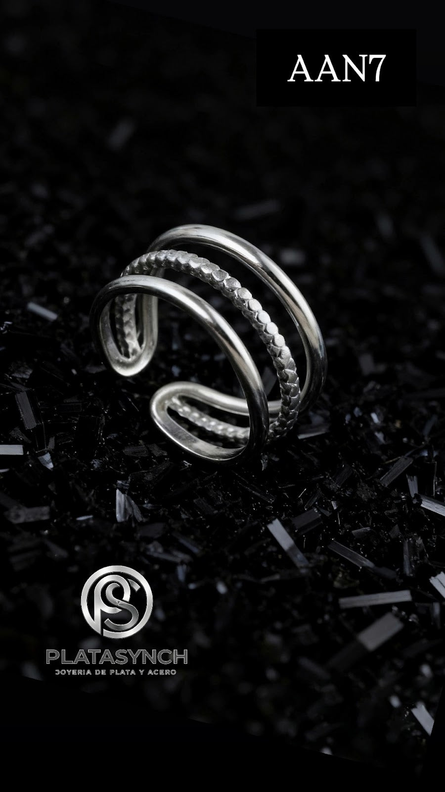 AAN7 - Anillos Acero plateado 3 lineas centro punto redonde