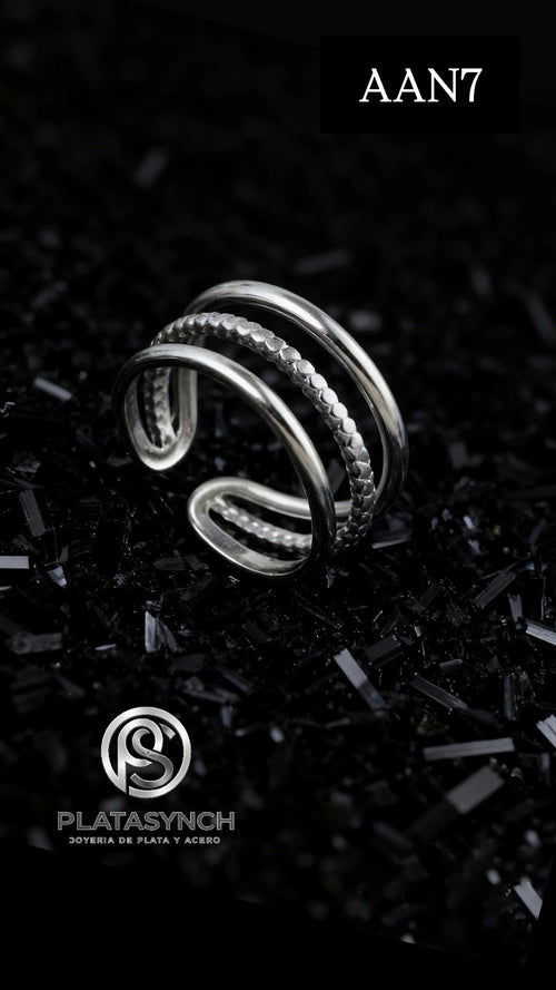 AAN7 - Anillos Acero plateado 3 lineas centro punto redonde