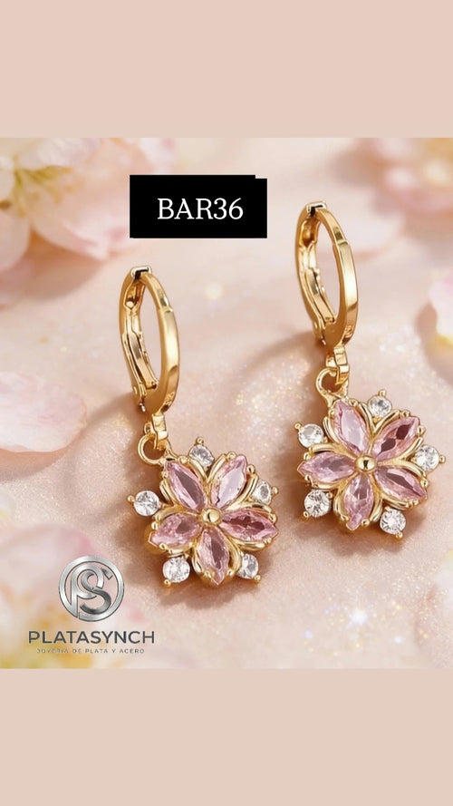 BAR36 - Argolla brass flor de cerezo rosa y blanco - dorado