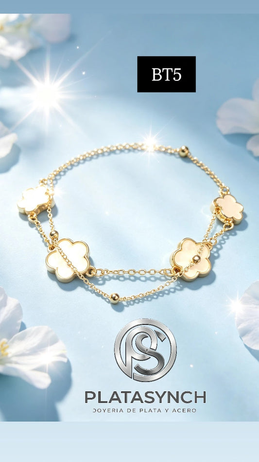 BT05 - Tobillera Brass Vanclif Blanca 4 flores - doble