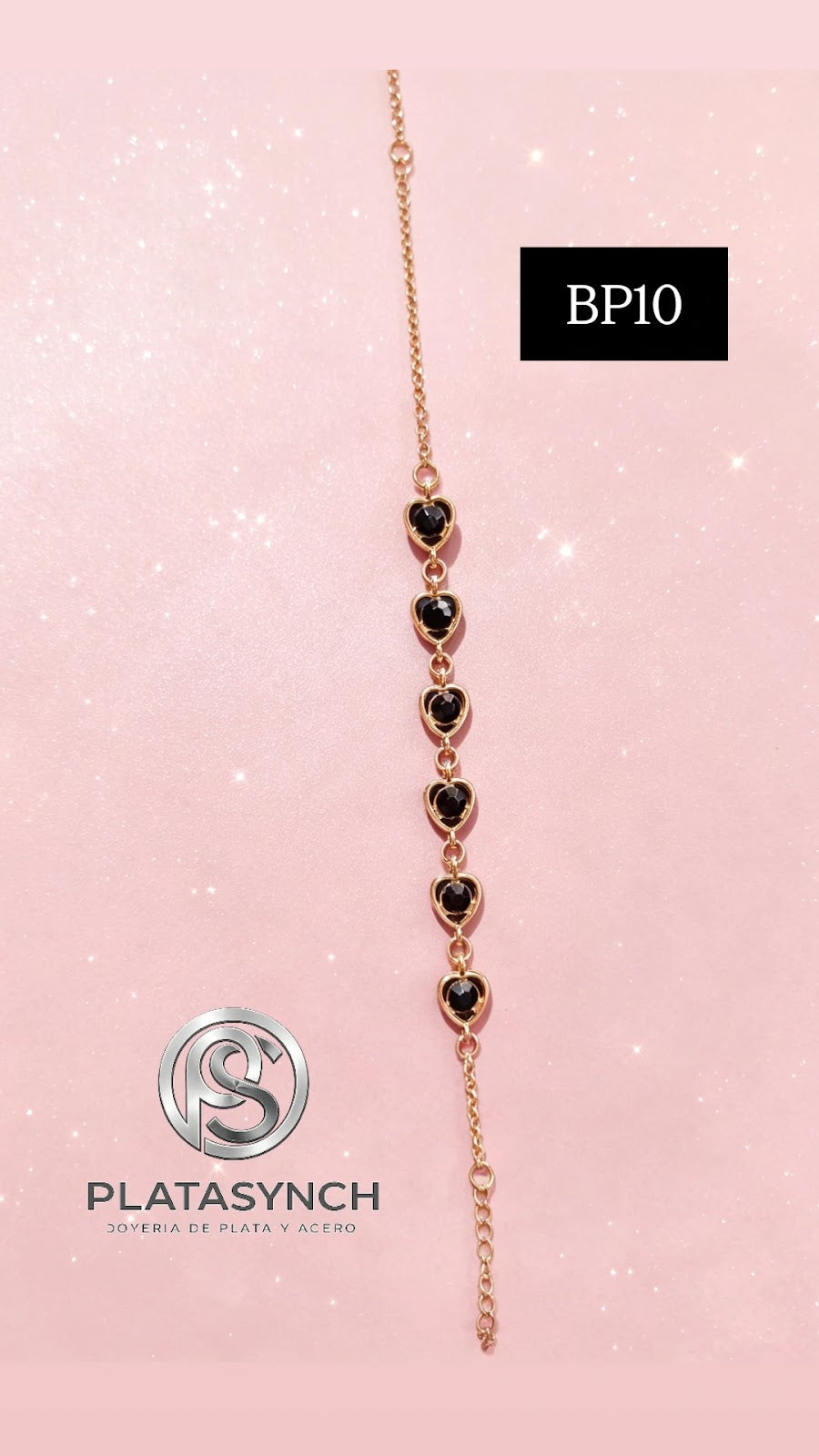 BP10 - Pulcera brass de corazones con piedra negra