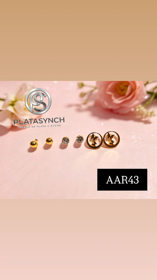 AAR43 - Trio aretes de acero dorado mariposas