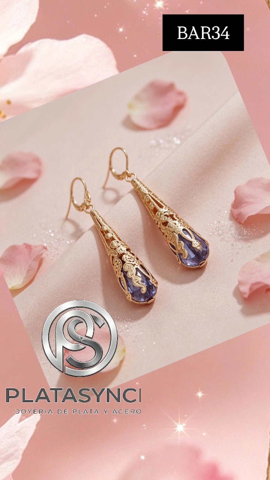 BAR34 - Pendientes largos brass con piedra purpura