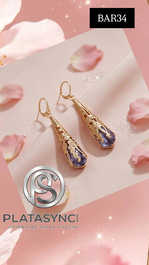 BAR34 - Pendientes largos brass con piedra purpura