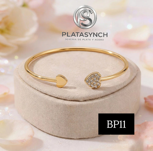 BP11 - Pulcera regulable brass dos corazones - 1 con cristales