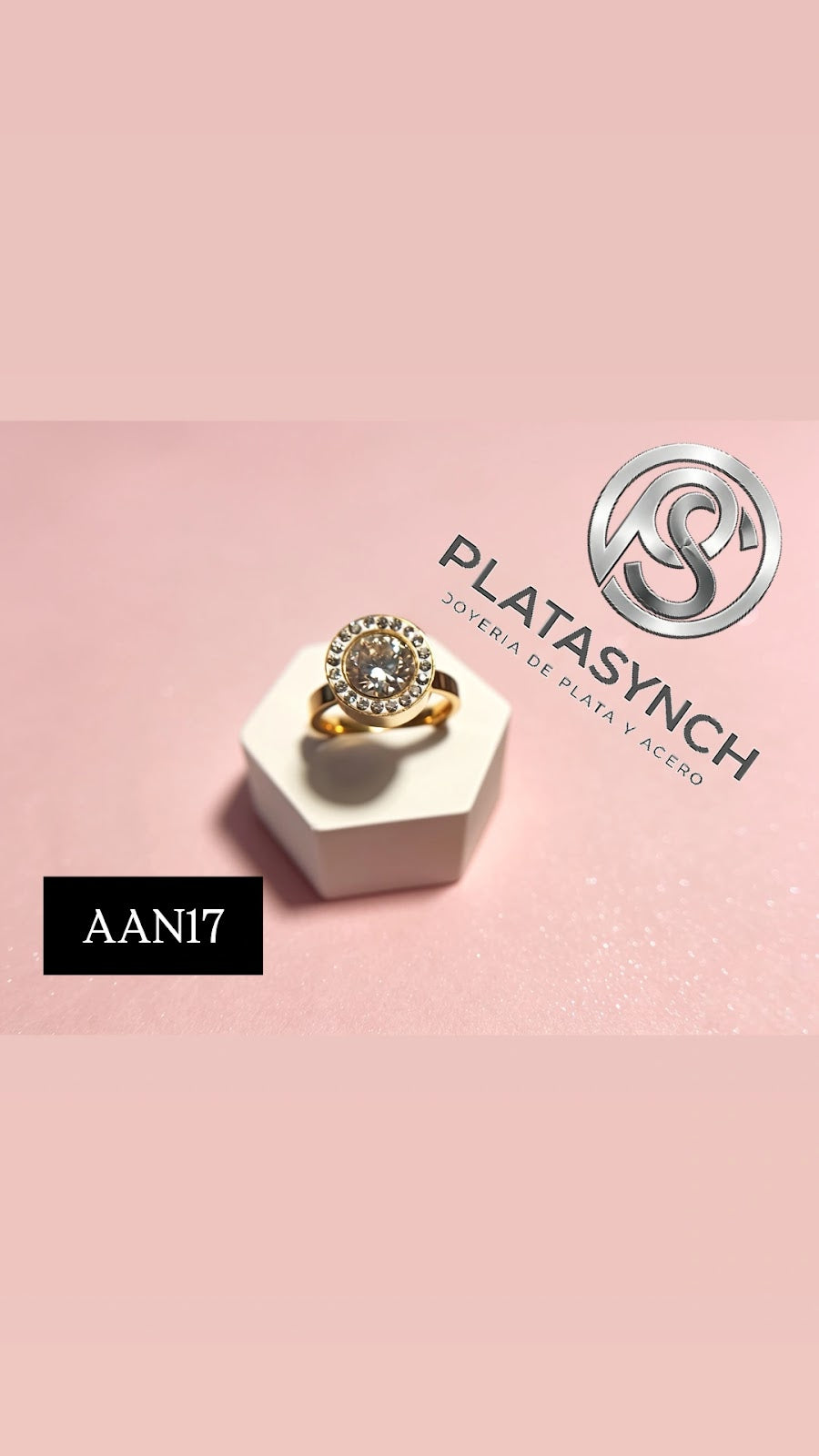 AAN17 - Acero - Anillo dorado  - Piedra y circoneas redondas