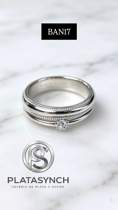 BAN17 - Anillo Brass plateado, Duo, circonea