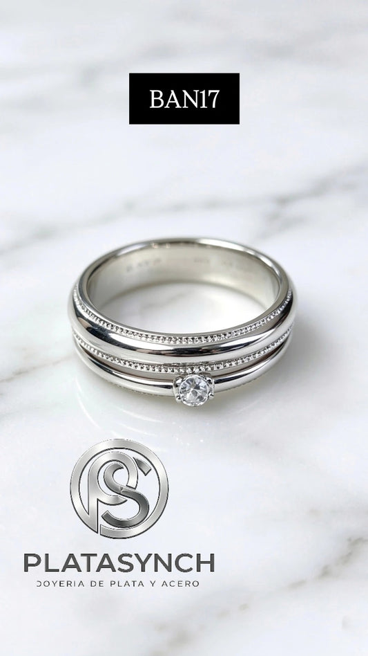 BAN17 - Anillo Brass plateado, Duo, circonea