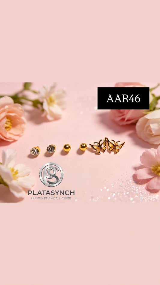 AAR46 - Trio aretes de acero dorado mariposas