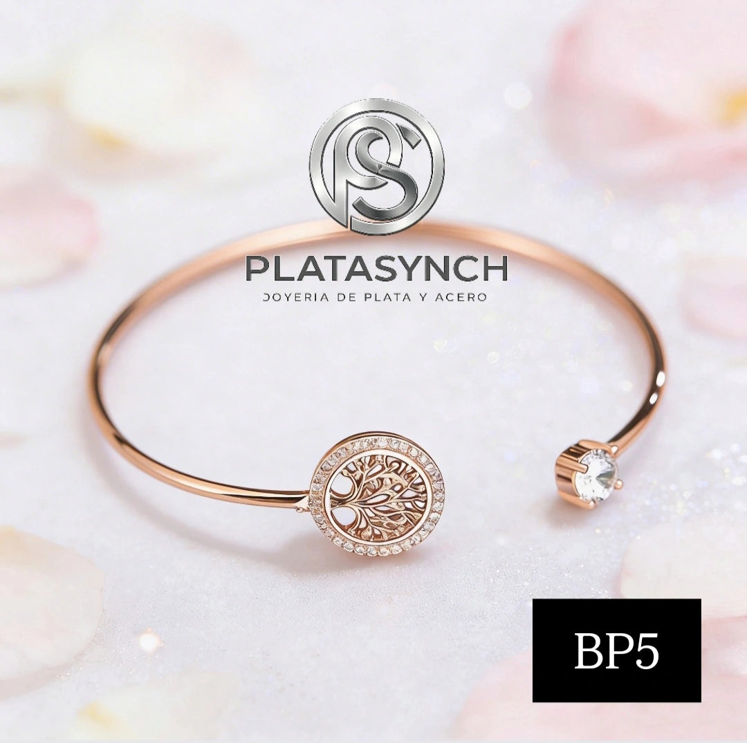 BP5 - Pulcera abierta ajustable - brass Rosa oro - arbol de vida y piedras