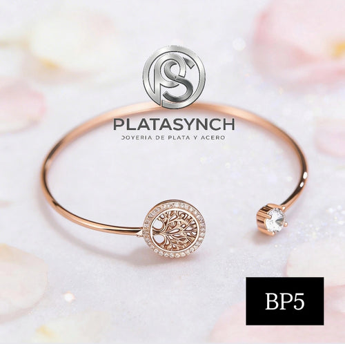 BP5 - Pulcera abierta ajustable - brass Rosa oro - arbol de vida y piedras