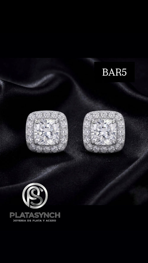 BAR5 - Aretes Brass plateado Circonea Cubica cuadrada con mini circoneas cubicas