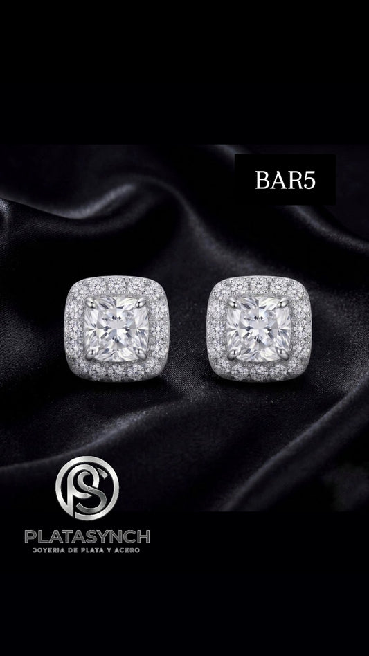 BAR5 - Aretes Brass plateado Circonea Cubica cuadrada con mini circoneas cubicas