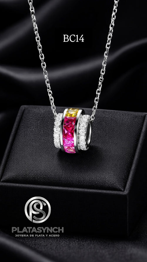 BC14 - Collar brass plateado dije giratorio circular de colores