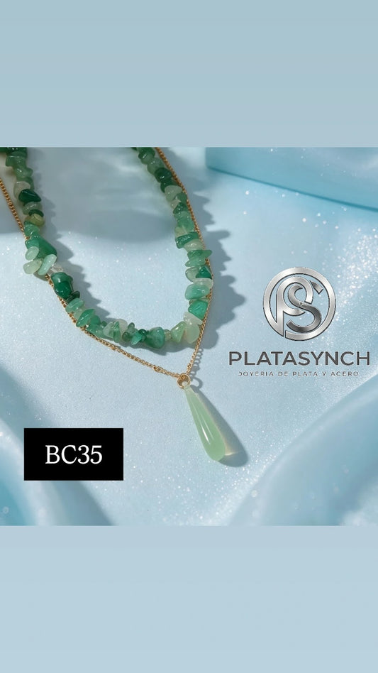 BC35 - Collar doble capa - brass Piedra natural verde