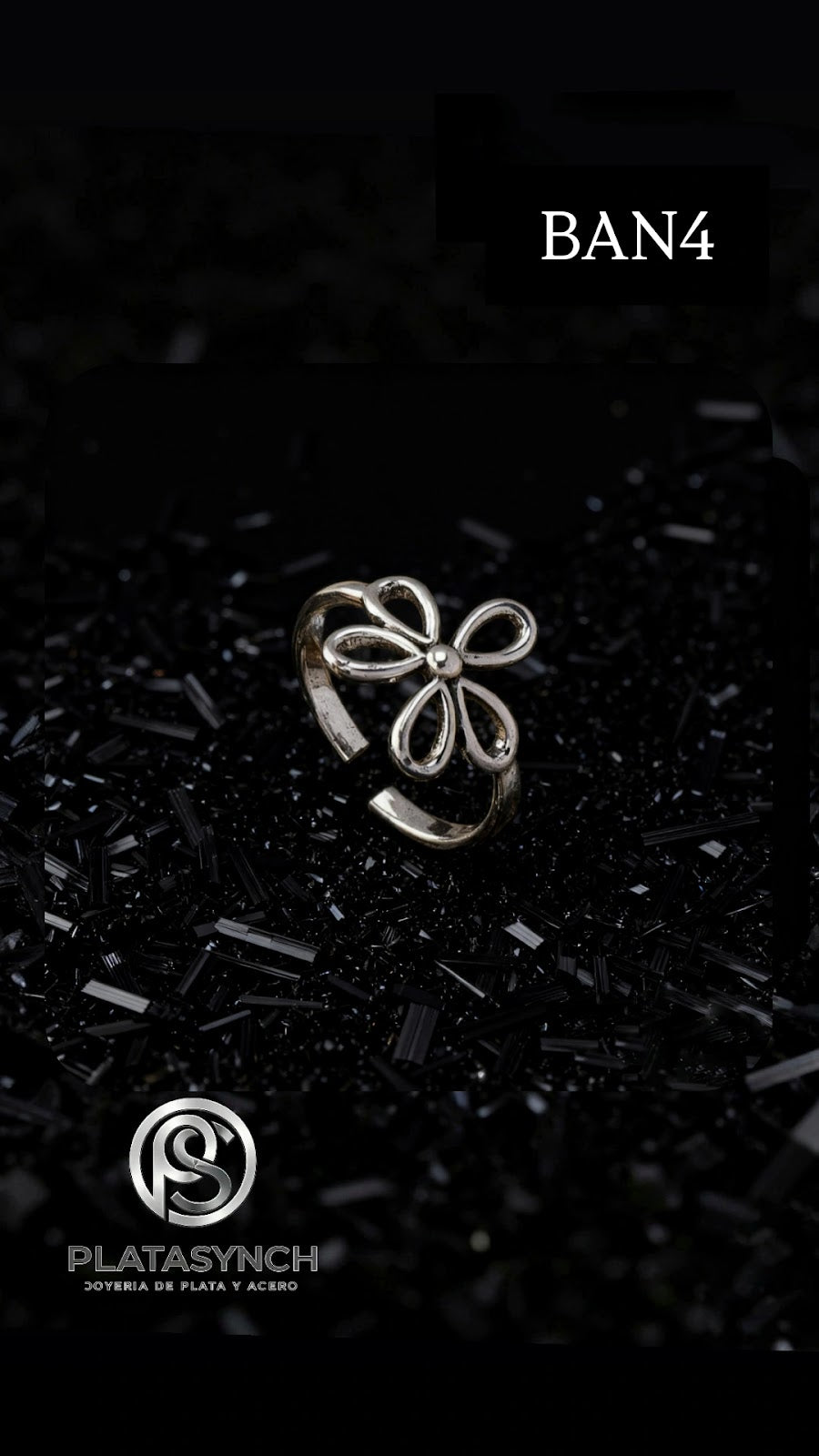 BAN4 - Anillo Brass - Retro plateado flor pequeña
