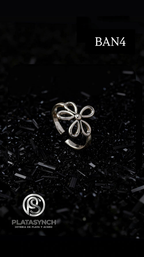 BAN4 - Anillo Brass - Retro plateado flor pequeña
