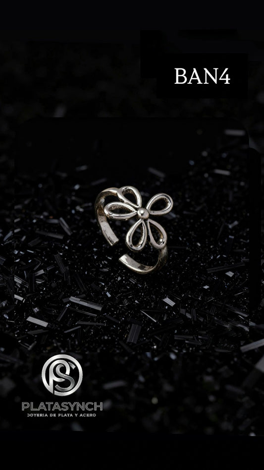 BAN4 - Anillo Brass - Retro plateado flor pequeña