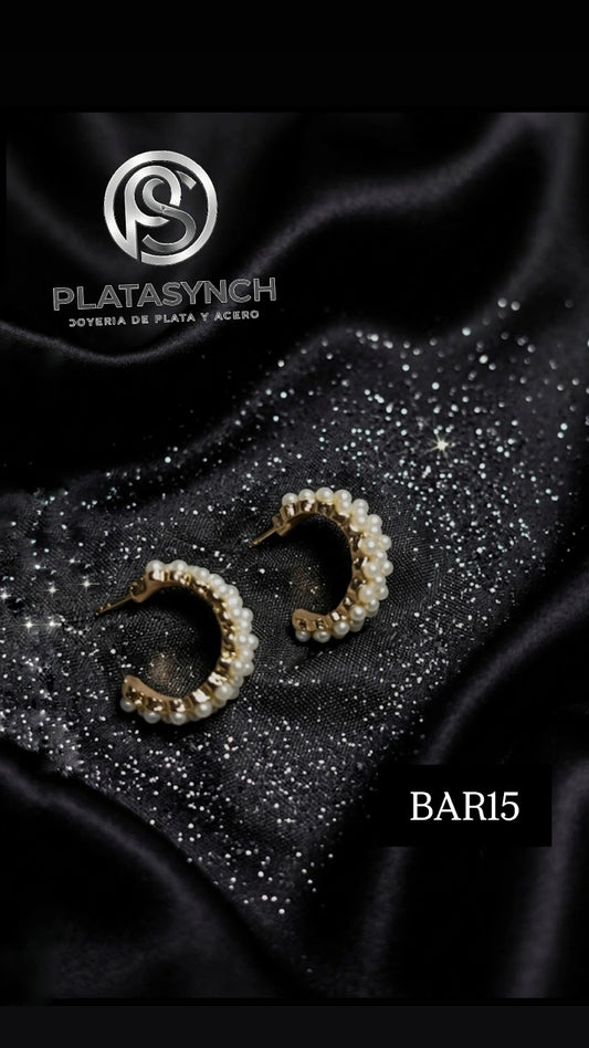 BAR15 - Aretes Brass dorado de palito de perlas 3 lineas