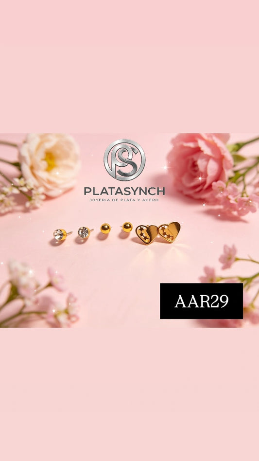 AAR29 - Trio aretes de acero dorado Corazon