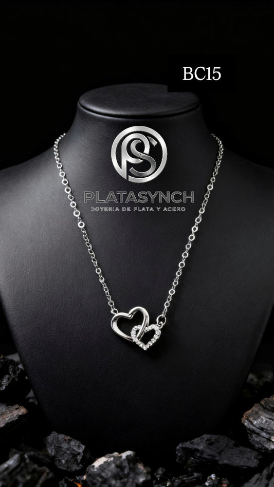 BC15 - Collar brass plateado 2 corazones, pequeno con circoneas
