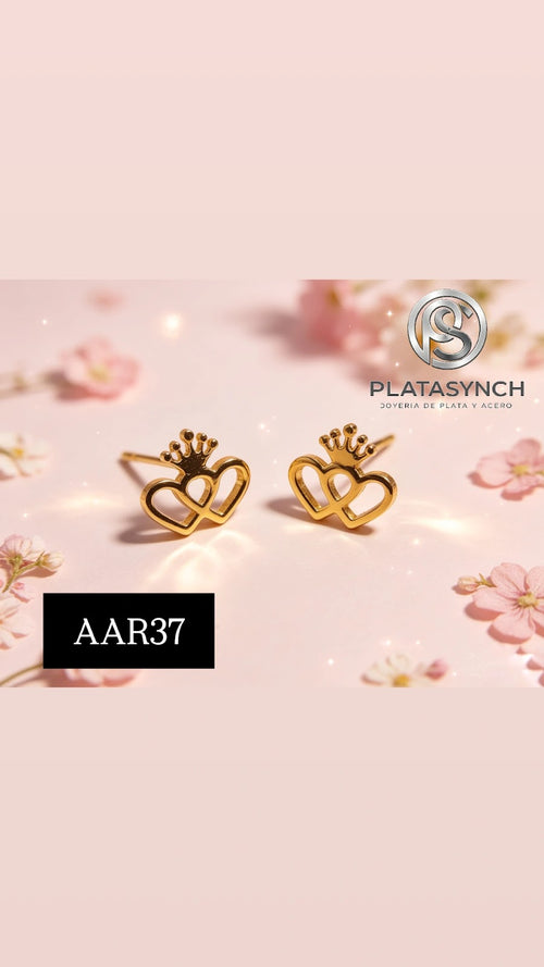AAR37 - Aretes acero dorado Corona corazon