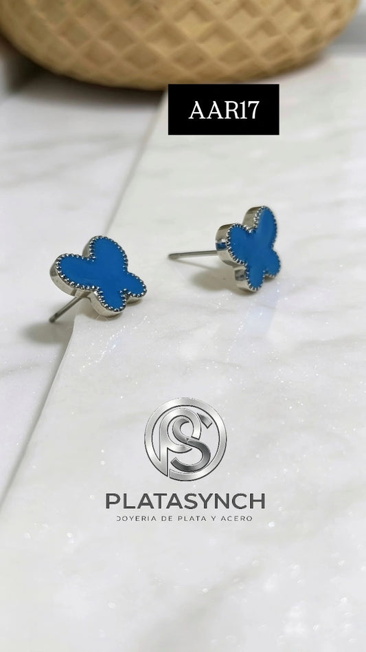 AAR17 - Aretes Acero plateado Mariposa azul