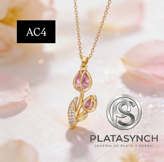 AC4 - Collar acero dije tulipan rosa con zirconeas blancas
