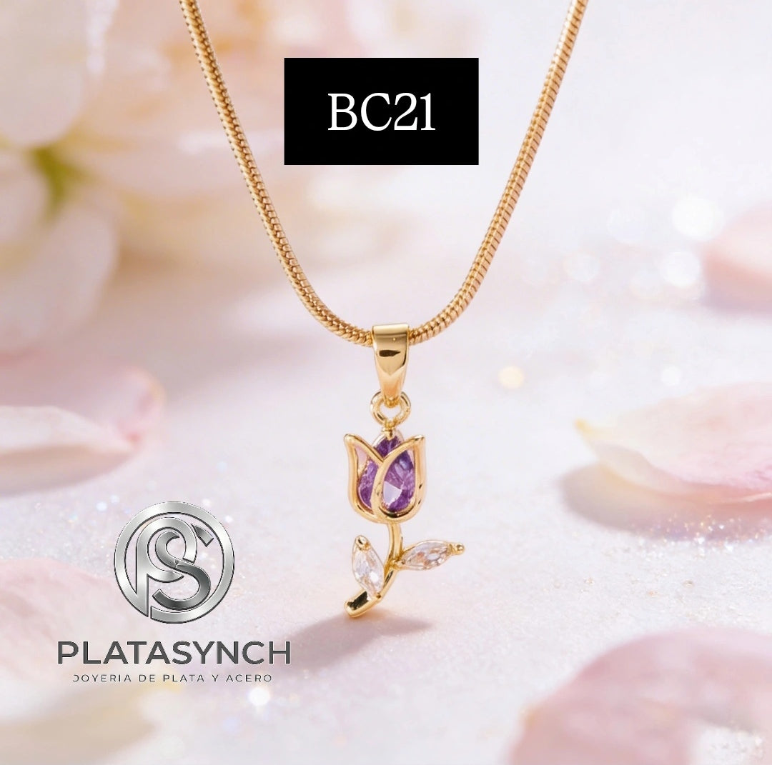 BC21 - Collar brass dorado, cadena de serpiente con dije de Tulipan Purpura dorado