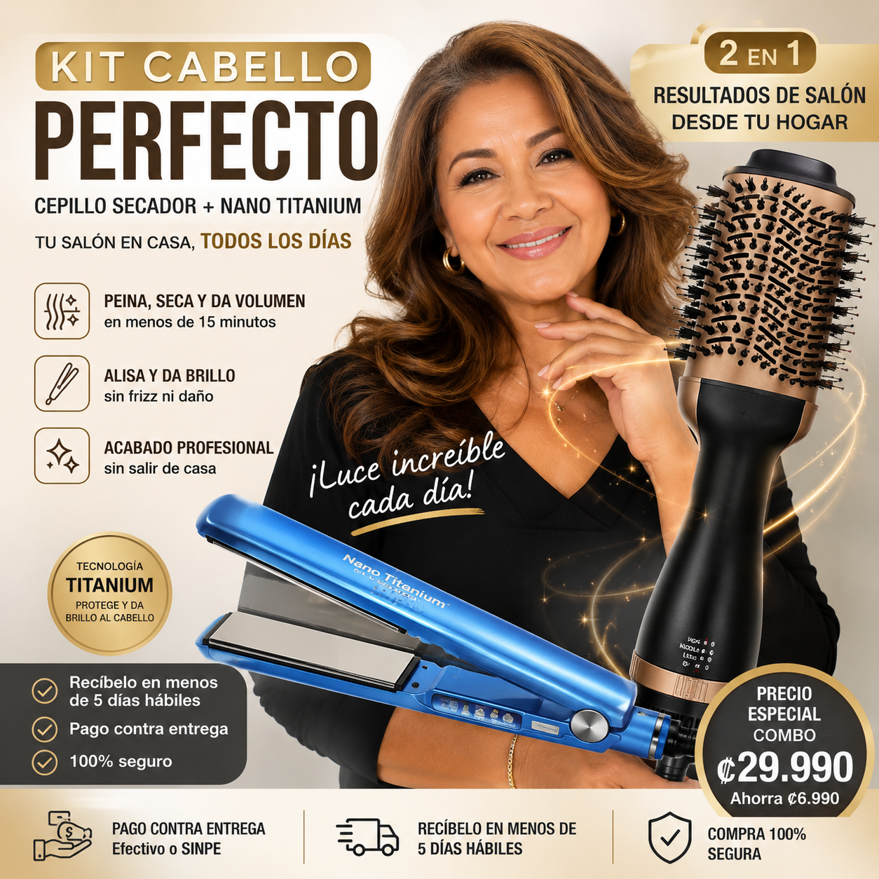 💇 Kit Cabello Perfecto — Combo (Cepillo Secador + Nano Titanium)
