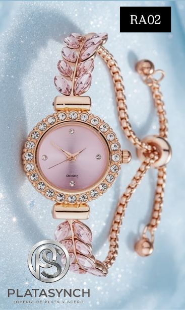 RA02 - Reloj Pulcera  acero Rosa- correa de cristales forma de pluma y hoja