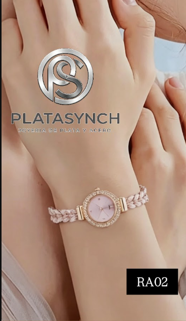 RA02 - Reloj Pulcera  acero Rosa- correa de cristales forma de pluma y hoja